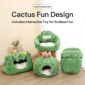 Autumn & Winter Cactus Pet Bed – Warm Enclosed Sleeping House for Cats and Dogs