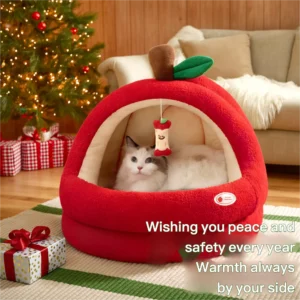 Apple-Inspired Cozy Cat Bed – Warm Thickened Semi-Enclosed Sleeping Nest for Cats & Small Dogs